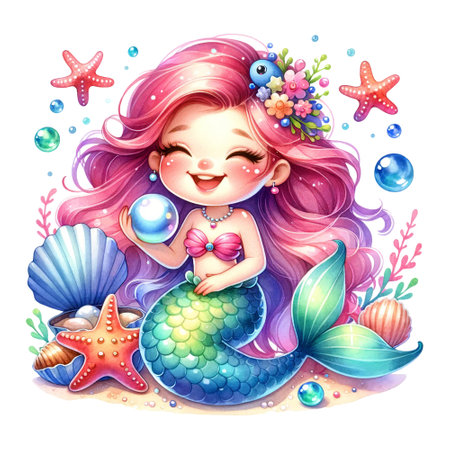 Smiling mermaid with pink hair, holding a pearl, surrounded by sea stars and bubblesの素材