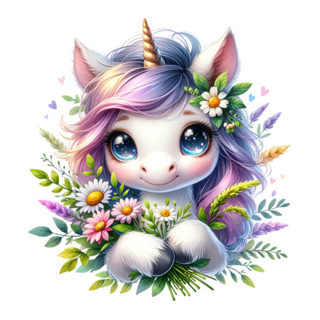 A unicorn surrounded by a wreath of flowers, radiating happinessの素材