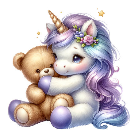 A unicorn cuddles closely with a brown bearの素材