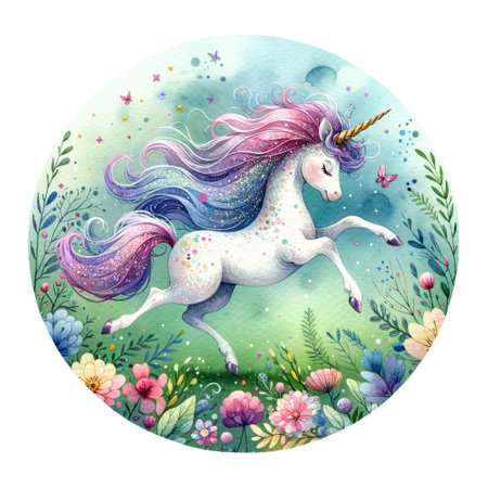 A unicorn galloping in a floral circleの素材
