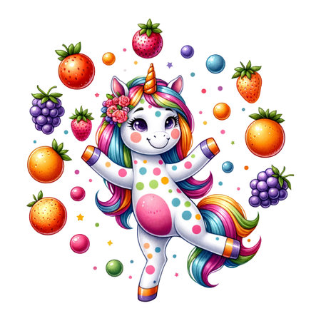 A playful unicorn surrounded by floating fruits and candiesの素材