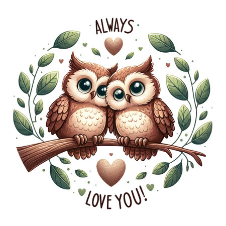 Two owls on a branch with the phrase "Always love you!" surrounded by leavesの素材