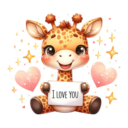 Delightful giraffe holding a sign that reads "I Love You" amidst stars and heartsの素材