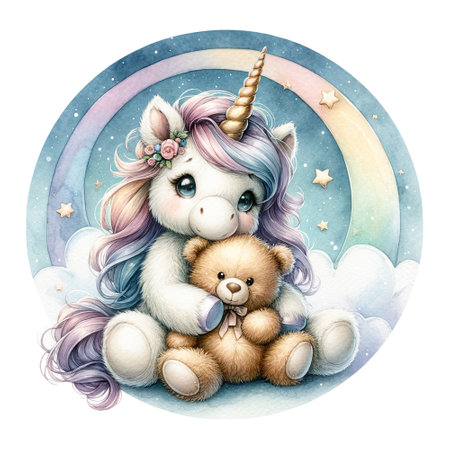 A unicorn with a rainbow mane hugging a bearの素材