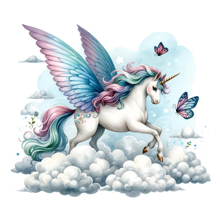 A majestic winged unicorn among clouds with butterfliesの素材