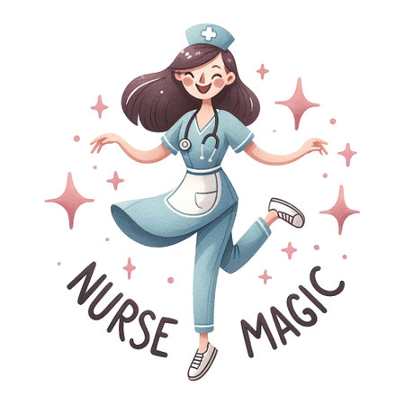Cheerful nurse in blue uniform with the words "Nurse magic" around herの素材