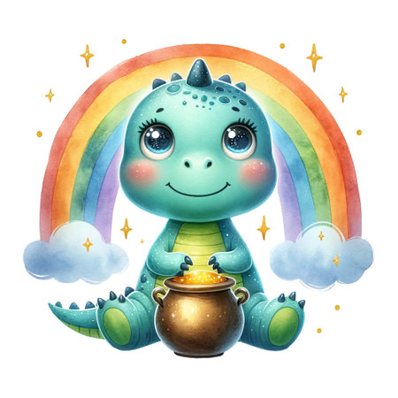 Cartoon dinosaur with a pot of gold at the end of a rainbowの素材