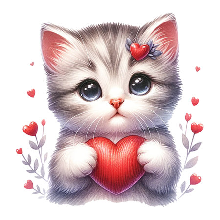 Kitten with big blue eyes holding a red heartの素材
