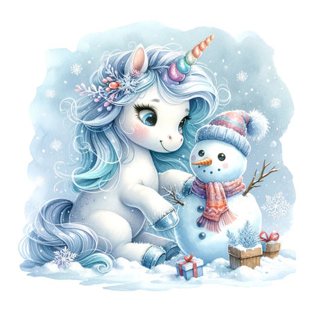 Unicorn with a snowman and winter giftsの素材