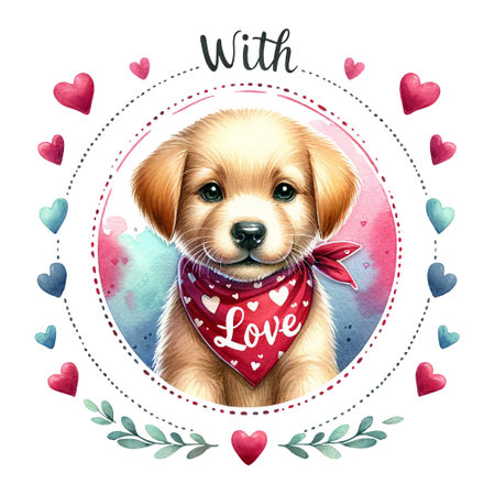 Puppy with a "Love" bandana and heartsの素材