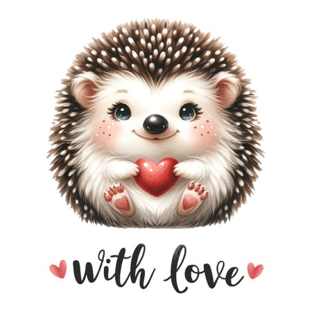 Hedgehog holding a heart with "with love" phraseの素材