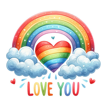 Rainbow over clouds with a heart and "Love you" belowの素材