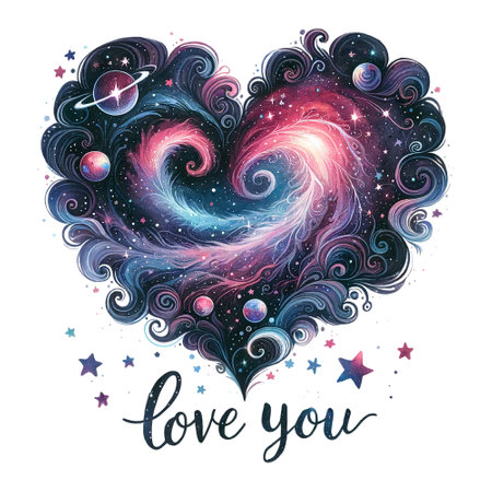 Cosmic heart with "love you" amidst stars and planetsの素材