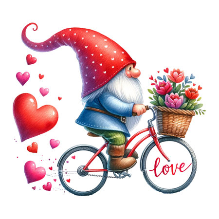 Gnome on a bike with "love" on the wheels and a basket of flowersの素材
