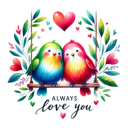Lovebirds on a swing with "Always love you" phraseの素材