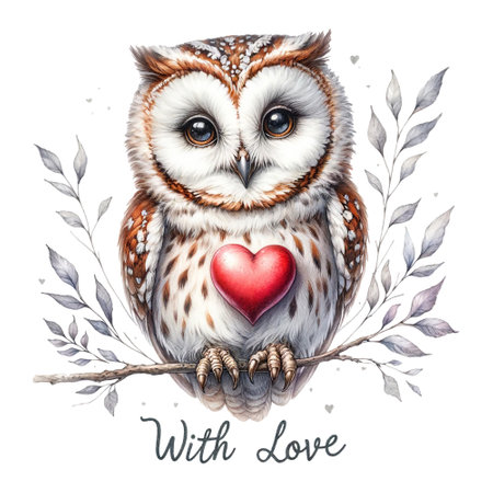 Owl holding a heart with "With Love" messageの素材