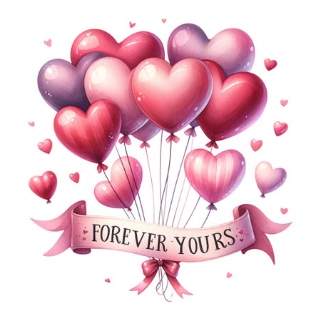 Heart-shaped balloons with a banner reading "Forever yours"の素材