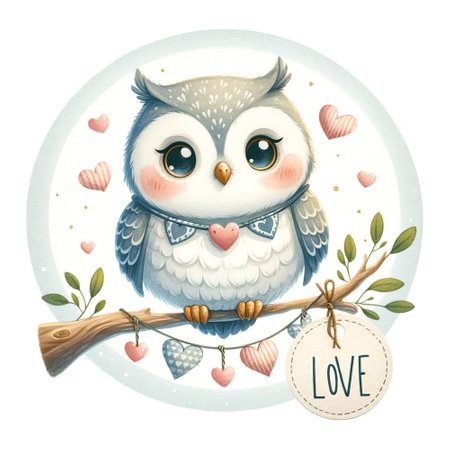 Owl on a branch with hearts and a "Love" tagの素材