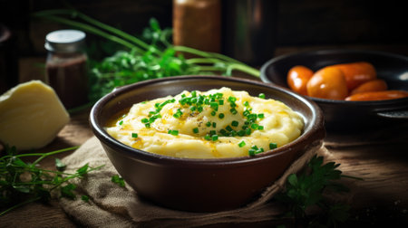 Creamy mashed potatoes with melted cheese and chivesの素材