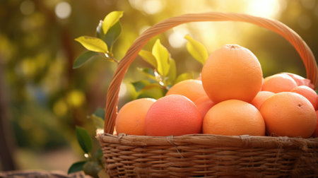Sunlight on a basket of ripe grapefruits surrounded by greeneryの素材