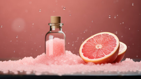 A bottle of essential oil and grapefruit slices on pink saltの素材