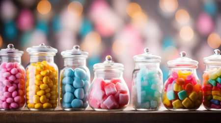 Variety of colorful candies in glass jars on a shelfの素材