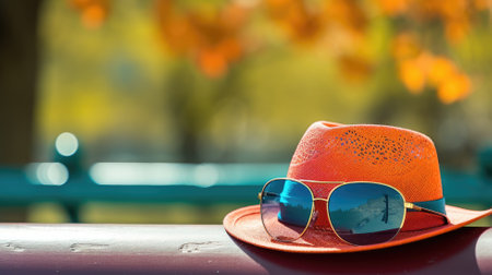 An orange hat with a textured pattern and a pair of sunglasses resting on a surface with autumn leaves in the backgroundの素材