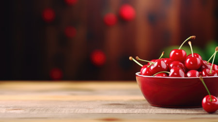 A bowl of red cherries on a wooden table with a blurred backgroundの素材