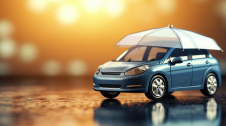 Toy car under an umbrella on wet surface with golden bokeh backgroundの素材
