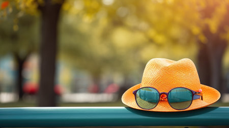 Orange woven hat with sunglasses on a green bench, blurred trees in the backgroundの素材