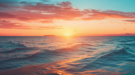 Sunrise over the ocean with the sun peeking above the horizon and vibrant cloudsの素材