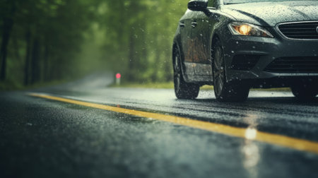 Sports car driving on a wet road, highlighting vehicle performance and safetyの素材