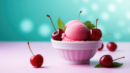 Cherry sorbet in a pink bowl with fresh cherries on a turquoise backgroundの素材
