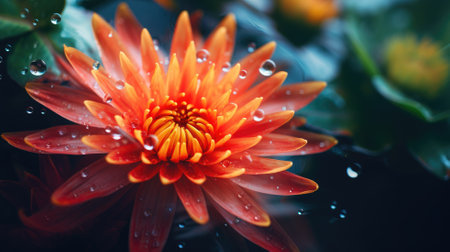 Vibrant orange water lily with raindrops on water surfaceの素材