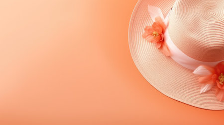 A wide-brimmed straw hat adorned with peach-colored flowers on an orange backgroundの素材