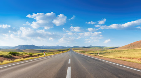 A serene open road extending into a picturesque horizon with a clear blue sky and fluffy cloudsの素材