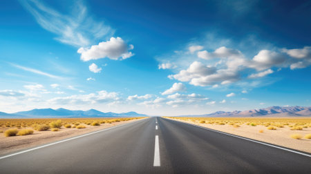 A captivating open road leading into the distance under a vast blue sky with fluffy cloudsの素材