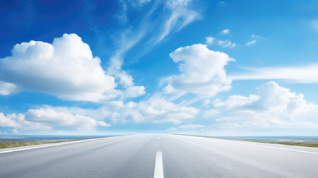 A straight open road leading towards the horizon under a bright blue sky with fluffy cloudsの素材
