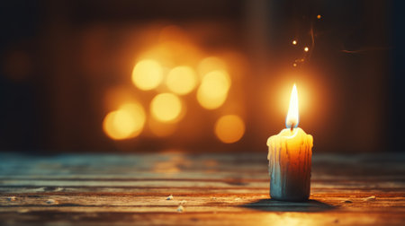 A single lit candle casts a warm glow against a dark backdrop, creating a cozy atmosphereの素材