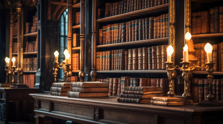 Candlelit classic library with rows of old books, evoking a sense of history and knowledgeの素材