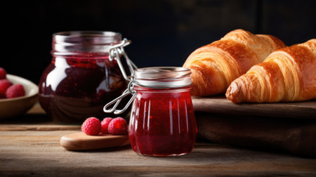 Freshly baked croissants with raspberry jam and raspberries on a wooden tableの素材