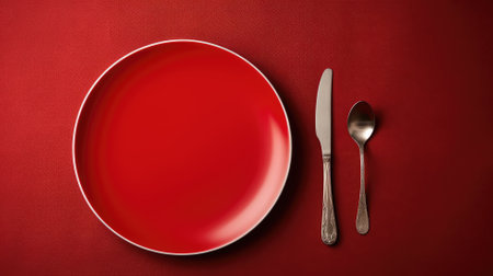 A vibrant red plate with silver cutlery on a red background, a minimalist yet bold dining presentationの素材