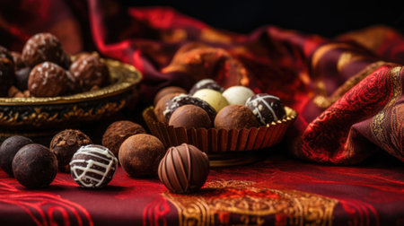 Luxurious dark chocolate truffles presented on a velvet fabric with rich red huesの素材