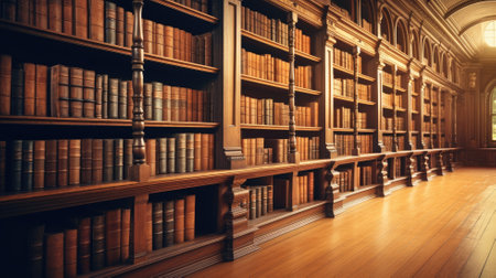 Classic library with wooden shelves full of old books and warm lightingの素材