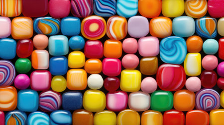 A close-up of colorful hard candies in various shapes and swirl patternsの素材