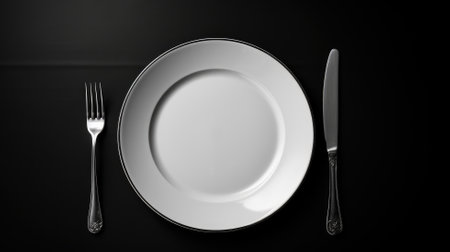 A minimalist dinner setting with a white plate and silver cutlery on a black backgroundの素材