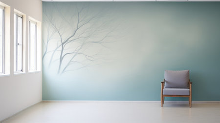 A serene hospital room with a single chair and soothing wall art of a bare treeの素材