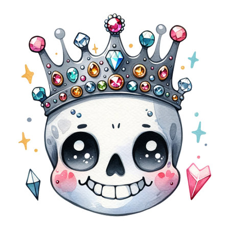 A skull with a jeweled crown and heartsの素材