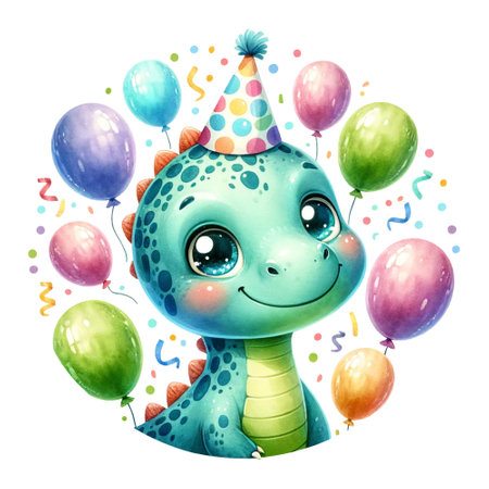 A dinosaur with party hat and balloonsの素材