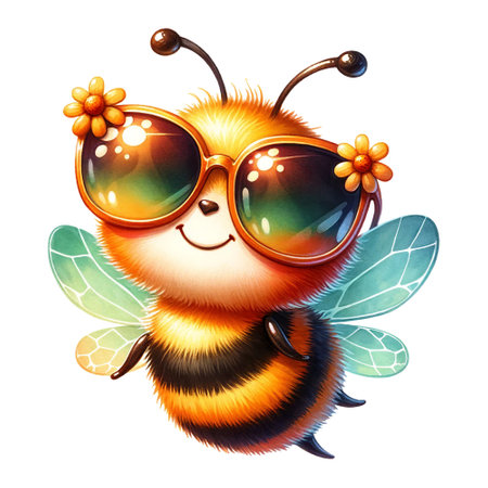A bee with sunglasses and a flower accessoryの素材